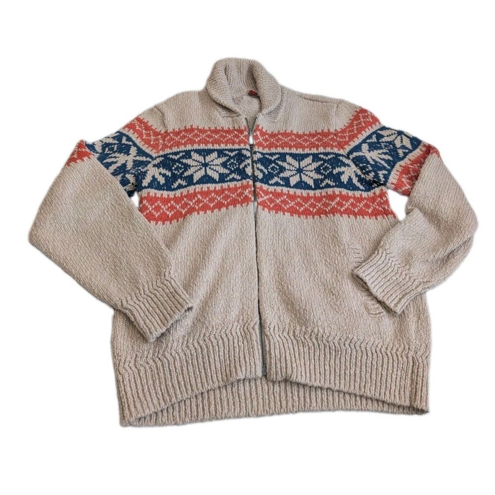 Faherty Cardigan Mens L Fair Isle Cotton Linen Mock Neck Nordic Zip Sweater